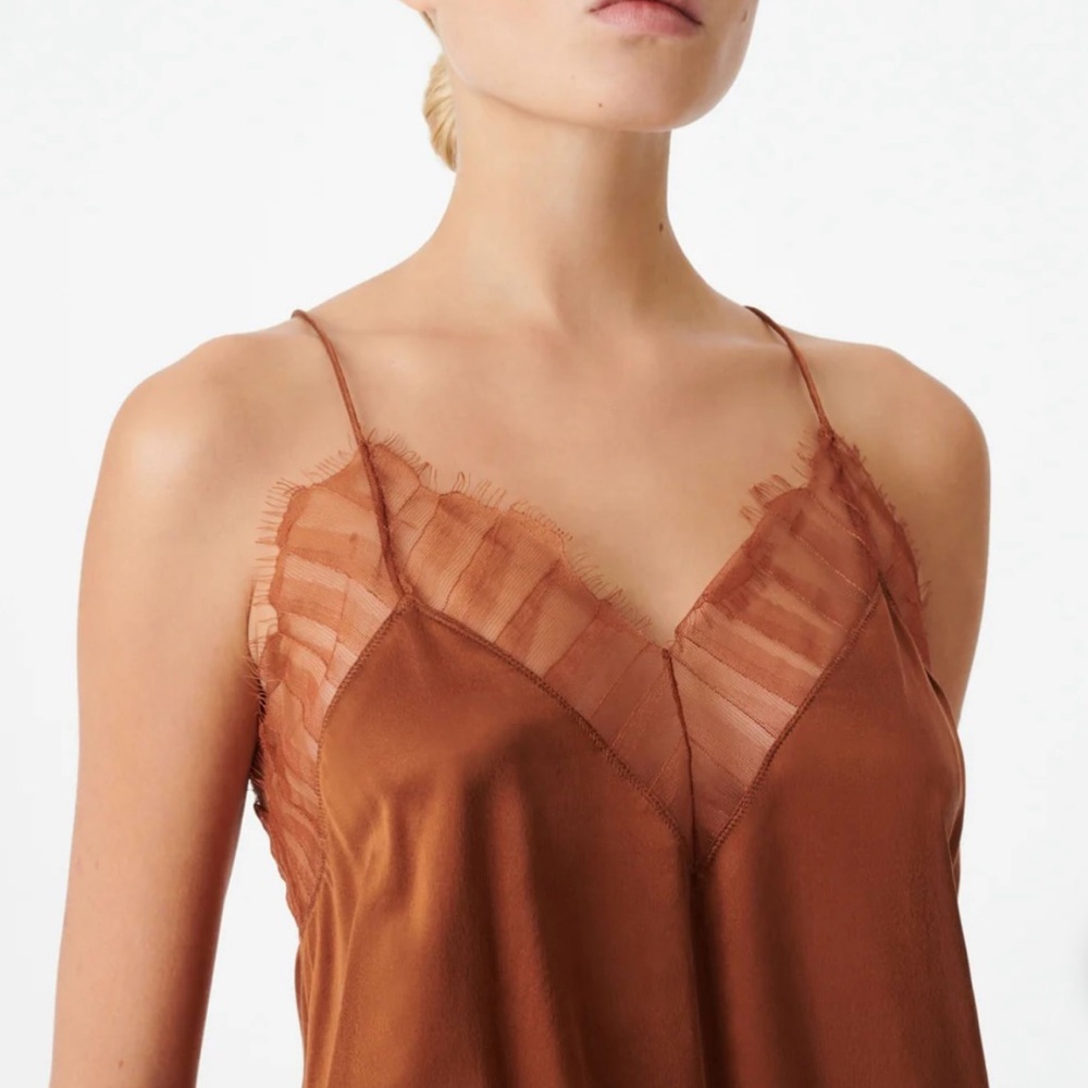 IRO Paris ‘Berwyn’ 100% Silk Lace Trim Cami in Brown Camel — Size 32 XXS NWT